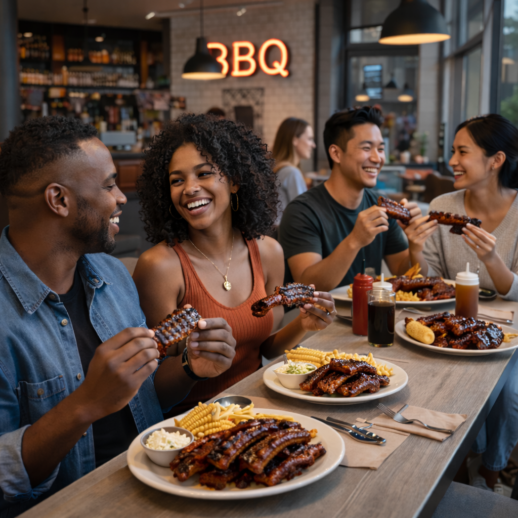 Friends out enjoying bbq ribs