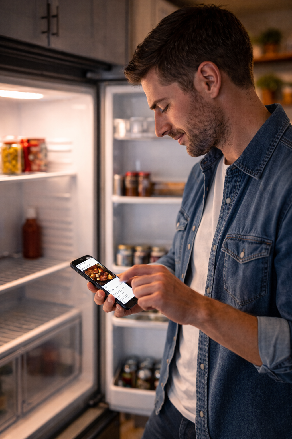 man ordering online with an empty fridge