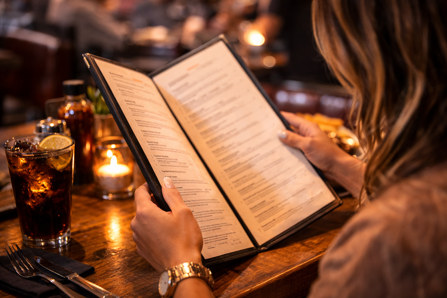 woman reading food menu